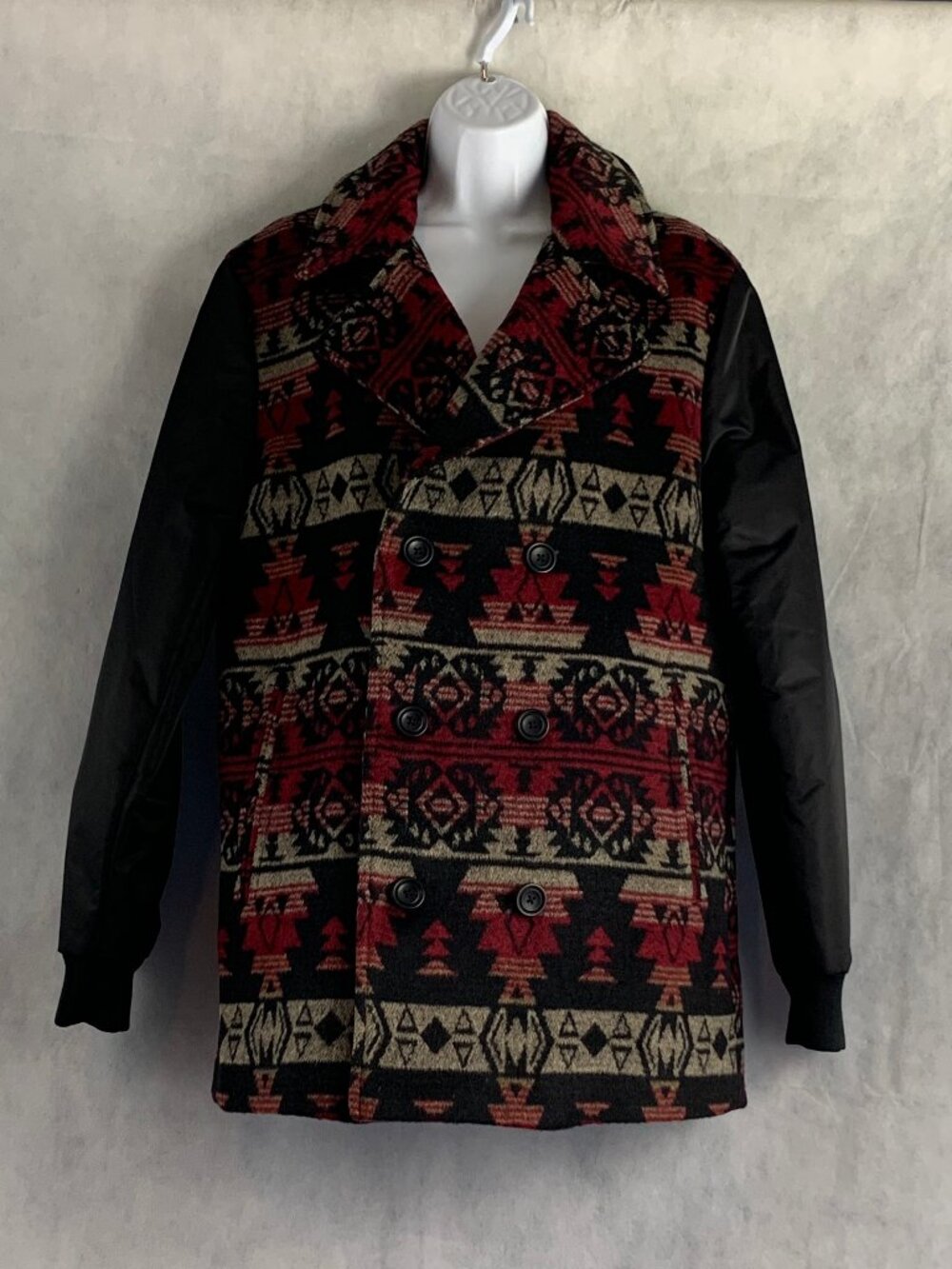 Sun + Stone Men's Geometric Pea Coat, Southwestern Red Black Multi, Small